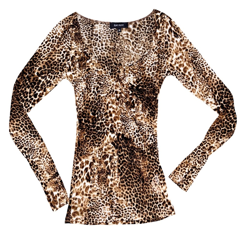 VTG KAREN KANE CHEETAH MESH RUCHED LONG-SLEEVE TOP // SIZE MEDIUM 🤎